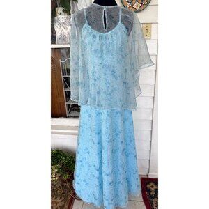 Vintage 70's Blue Floral Maxi Dress With Matching Cape Size S